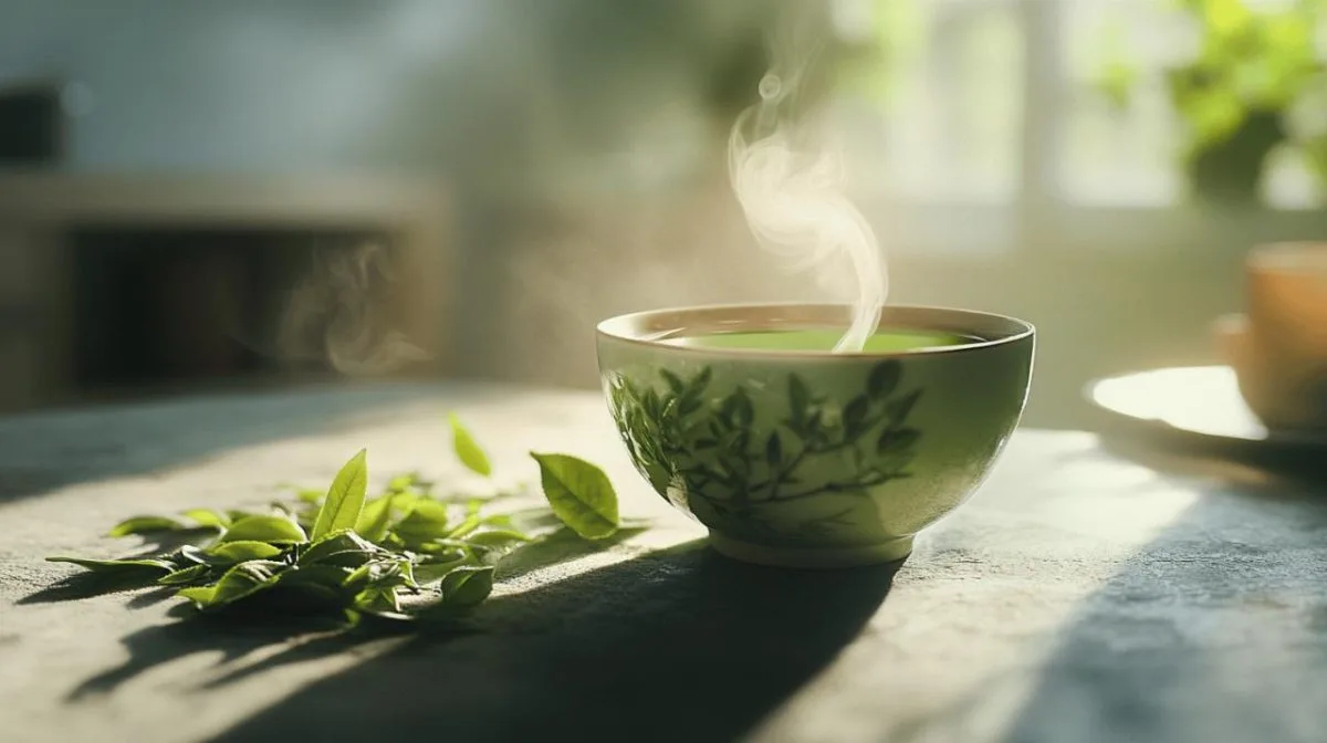 Tasse de thé vert bio fumant sur une table en bois