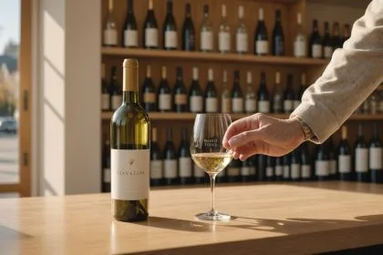 Bouteille de Cloudy Bay Sauvignon Blanc sur une table en bois rustic