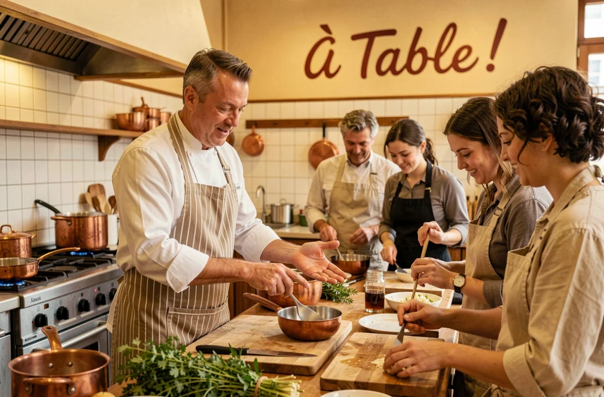 Cours de cuisine convivial au restaurant À Table ! Chez Éric Léautey avec un chef enseignant une recette française à des apprentis cuisiniers