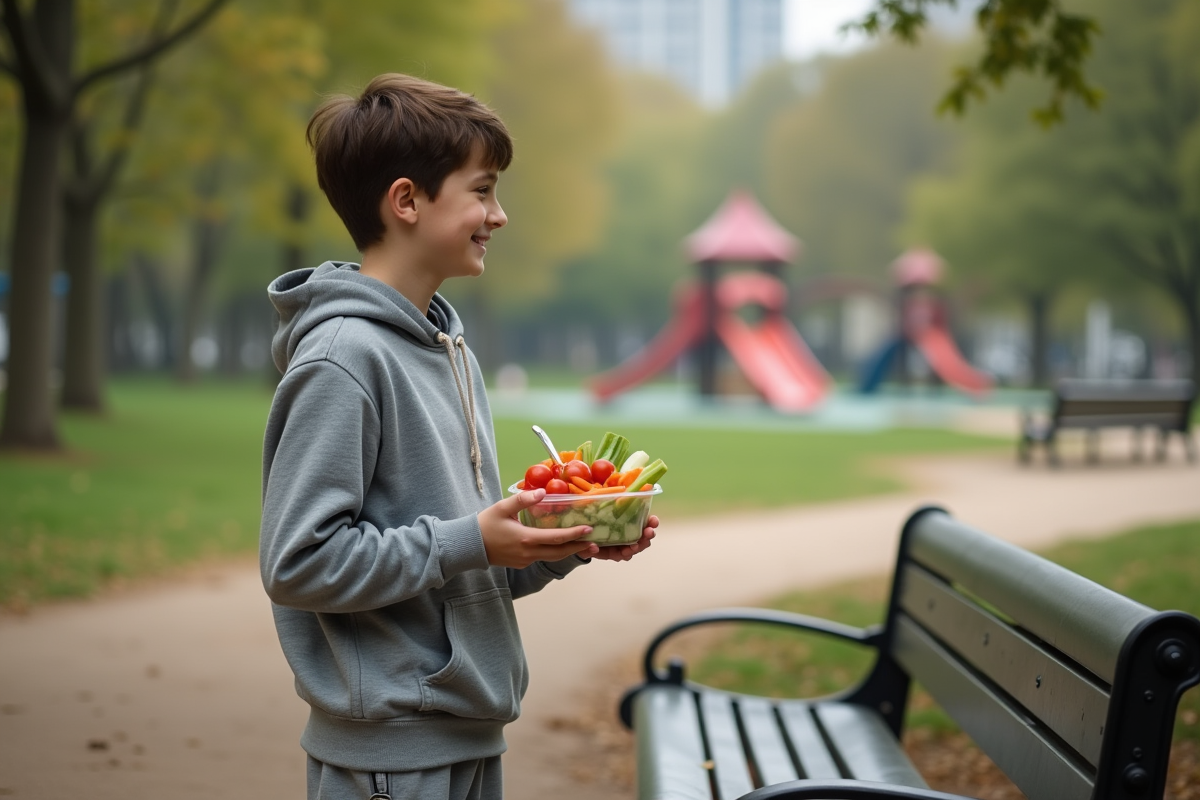 Adolescent mangeant légumes dans un parc urbain