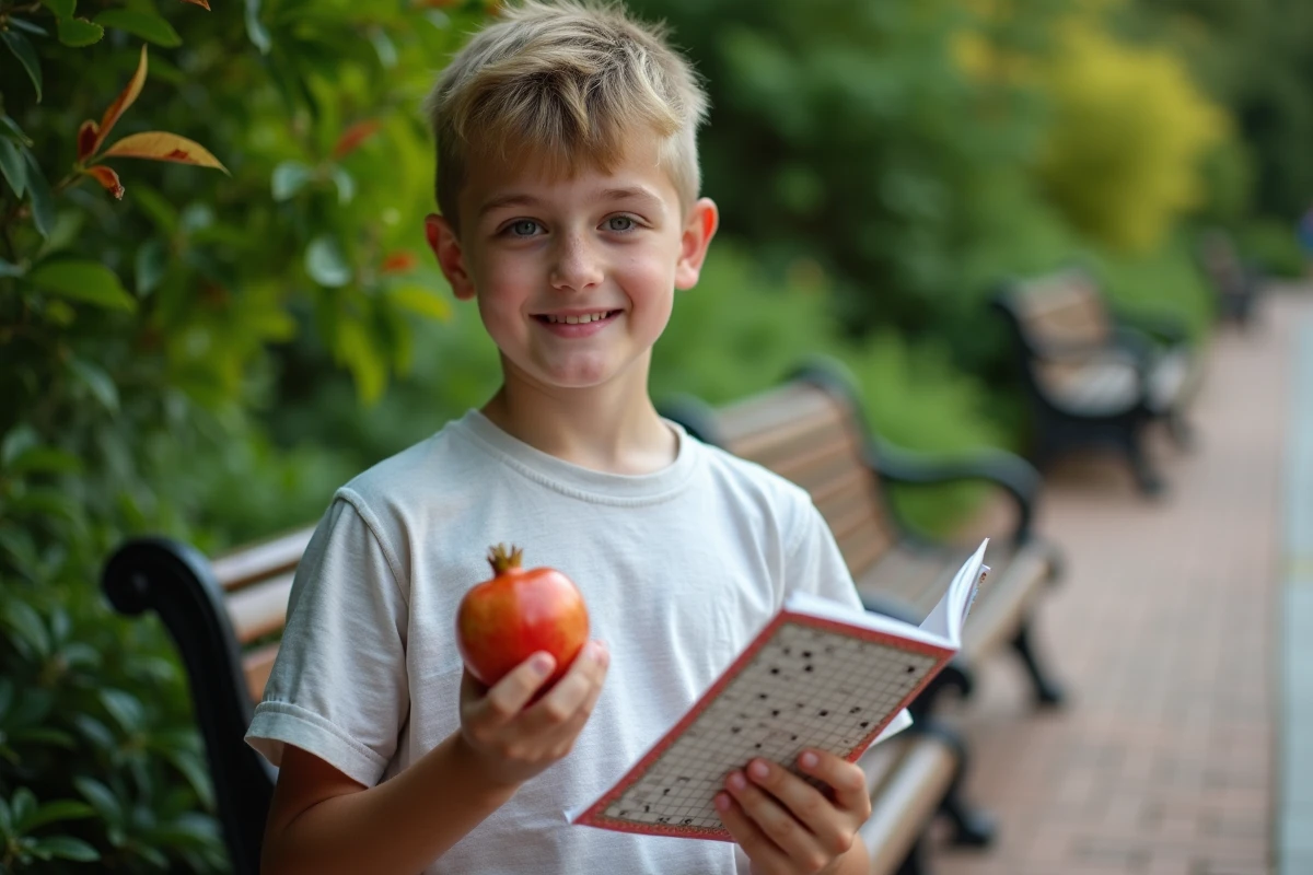 Jeune garçon tenant un puzzle et une grenade dans un parc