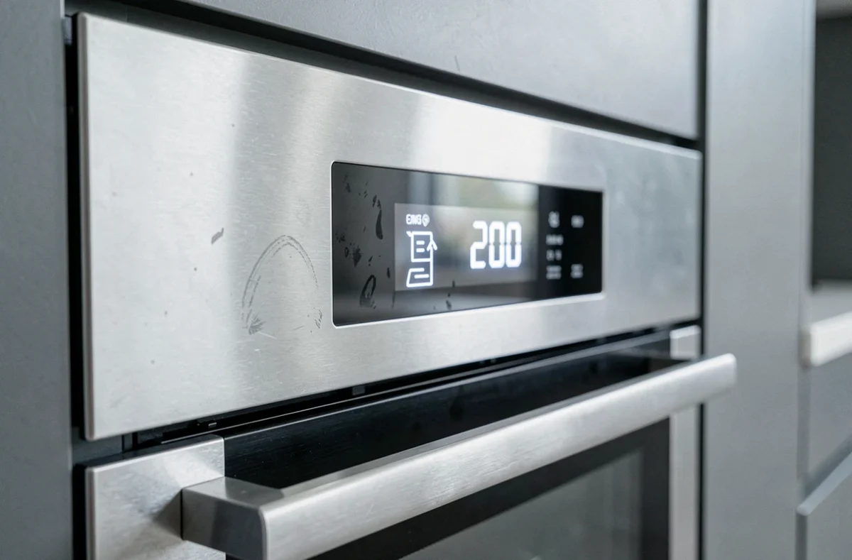 Affichage numérique d'un four moderne indiquant une température de 200 degrés en préchauffage