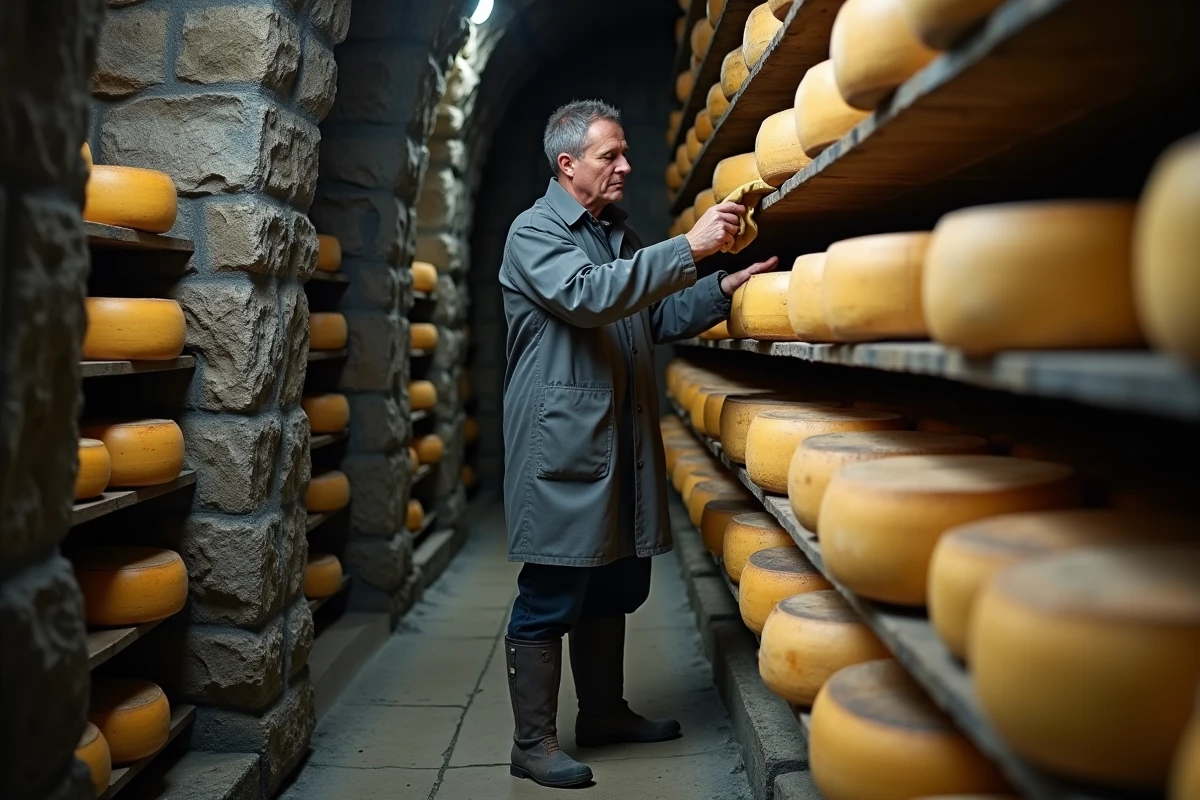 Affineur inspectant une meule de Beaufort en cave d'affinage alpine avec des rangées de fromages en arrière-plan