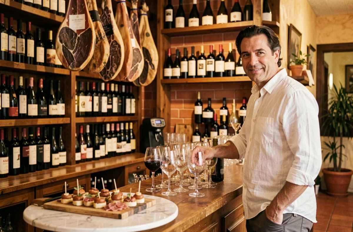 Intérieur ibérique chaleureux du restaurant Albarino Passy avec étagères de vins espagnols, jambons suspendus et hôte arrangeant des verres au comptoir