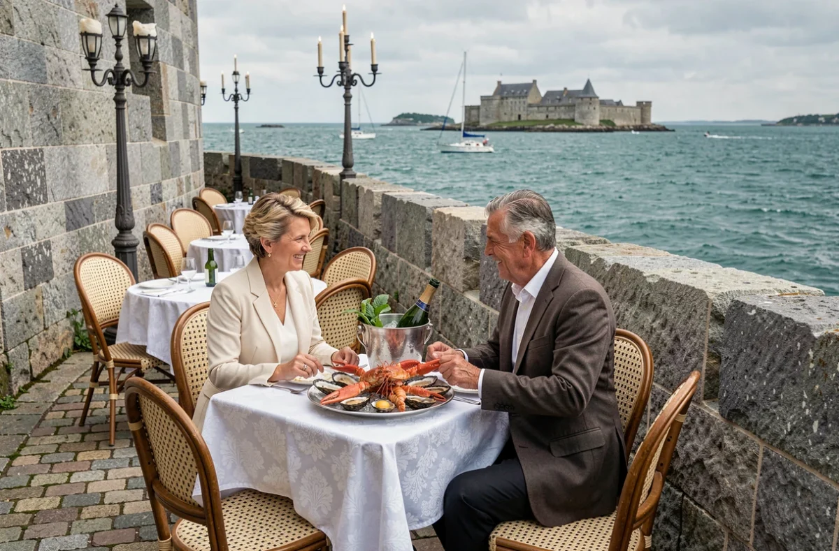 Terrasse de L'Amirauté à Saint-Malo, couple élégant devant un plateau de fruits de mer au pied des remparts historiques avec vue sur la mer et l'Île du Grand Bé