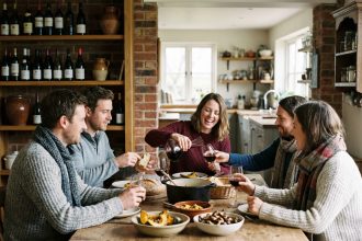 Groupe d'amis en automne partageant un repas convivial