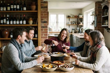 Groupe d'amis en automne partageant un repas convivial