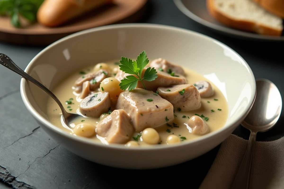 Assiette de blanquette de veau maison crémeuse avec champignons et oignons perle dans un bol en céramique
