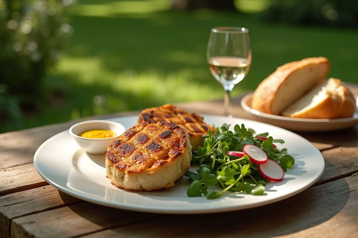 Assiette de crépinettes de porc grillées servies avec salade verte, moutarde et baguette pour un repas d'été en extérieur