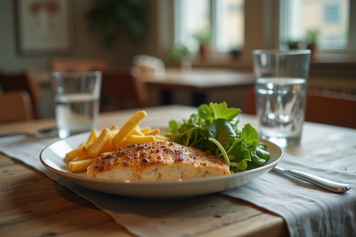 Assiette équilibrée avec une portion de frites au four, poulet grillé et salade verte sur une table en bois