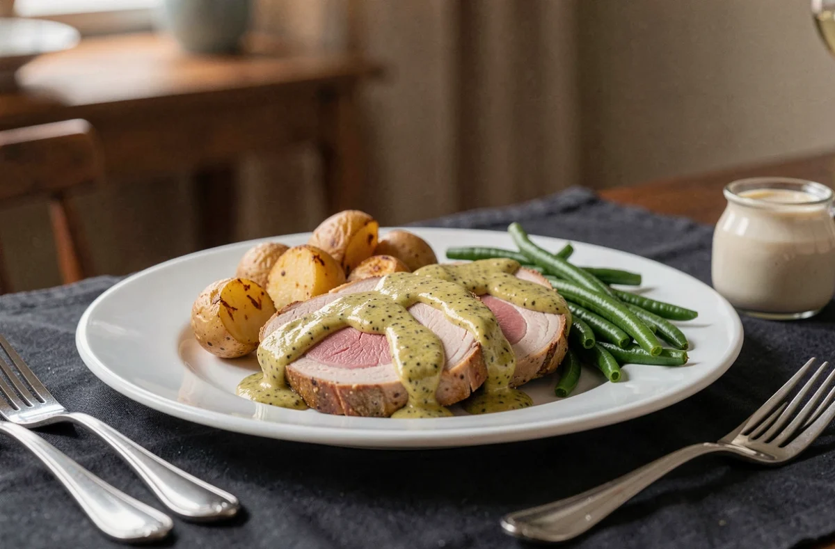 Assiette de filet mignon de porc sauce moutarde à l'ancienne avec pommes de terre rôties et haricots verts
