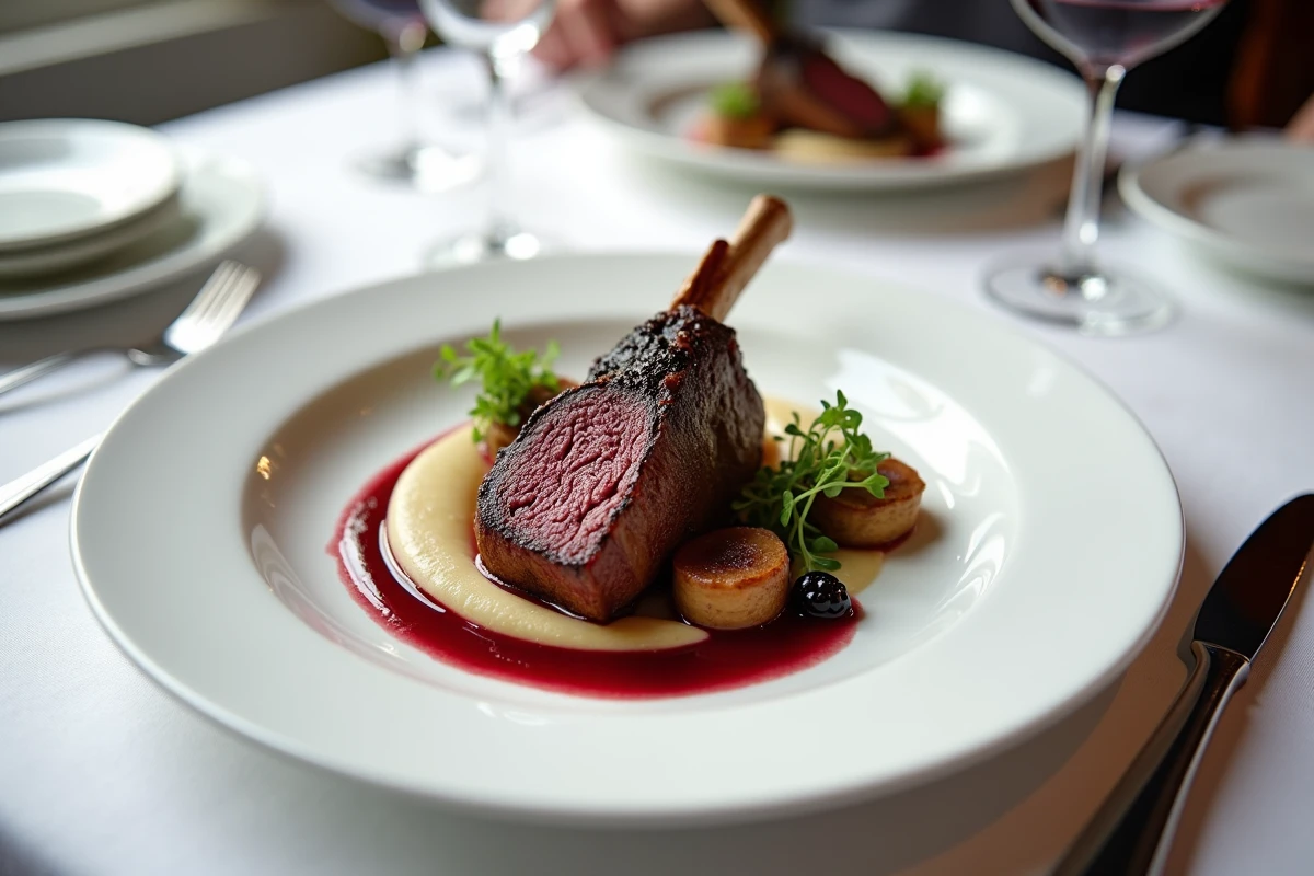 Tranche de gigot de chevreuil dressée sur assiette gastronomique en porcelaine blanche avec purée de châtaignes, sauce aux baies rouges et champignons sauvages sautés