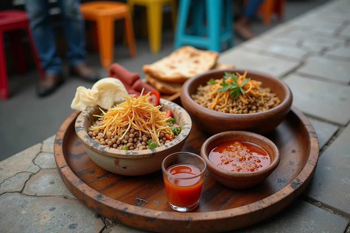 Assiette de kushari égyptien vue de dessus avec lentilles, riz, oignons frits et sauce tomate dans un bol en céramique