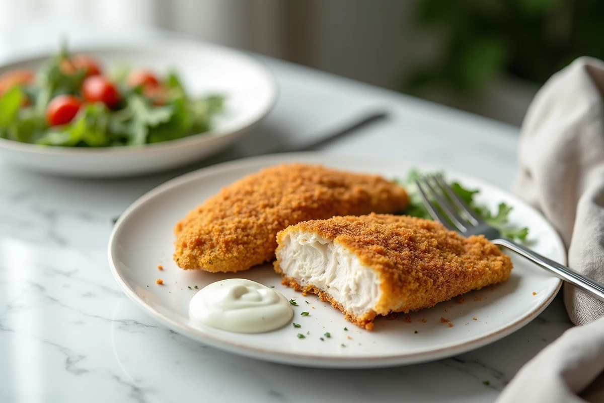 Assiette de blanc de poulet pané au yaourt ultra moelleux servi avec une salade fraîche et une sauce au yaourt aux herbes