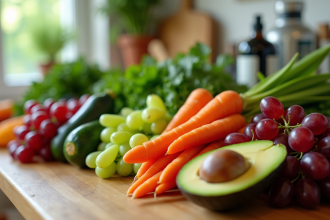 Assortiment coloré de fruits et légumes frais sur un plan de travail