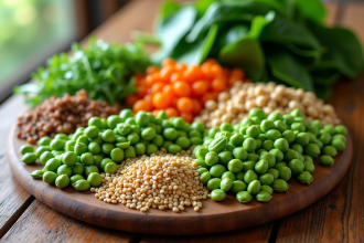 Assortiment de légumes riches en protéines sur une table en bois