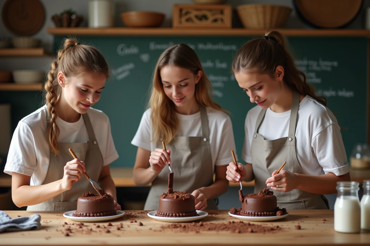 Groupe de jeunes décorant des fondants au chocolat en atelier