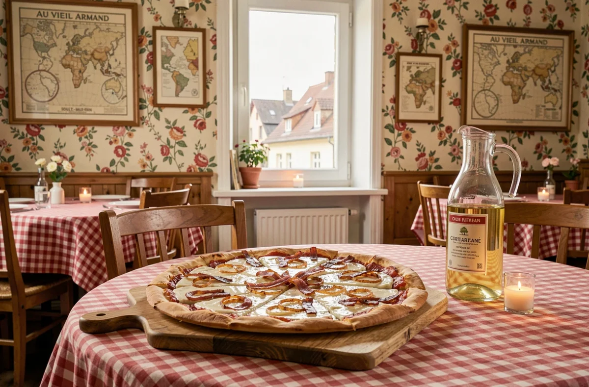 Tarte flambée traditionnelle sur planche en bois avec carafe de vin blanc dans la salle conviviale du restaurant Au Vieil Armand à Soultz-Haut-Rhin