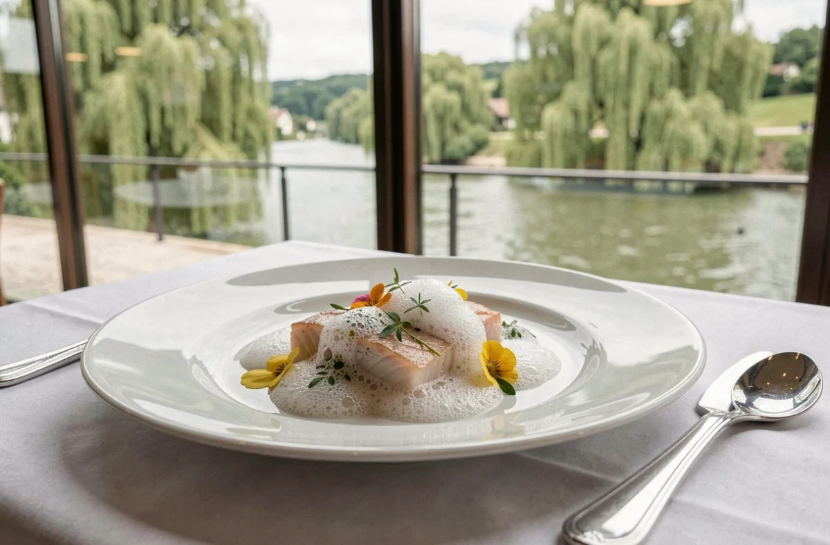 Assiette gastronomique raffinée à L'Auberge de l'Ill à Illhaeusern, avec poisson de rivière poché, mousse d'herbes et fleurs comestibles sur porcelaine blanche, vue sur l'Ill en arrière-plan