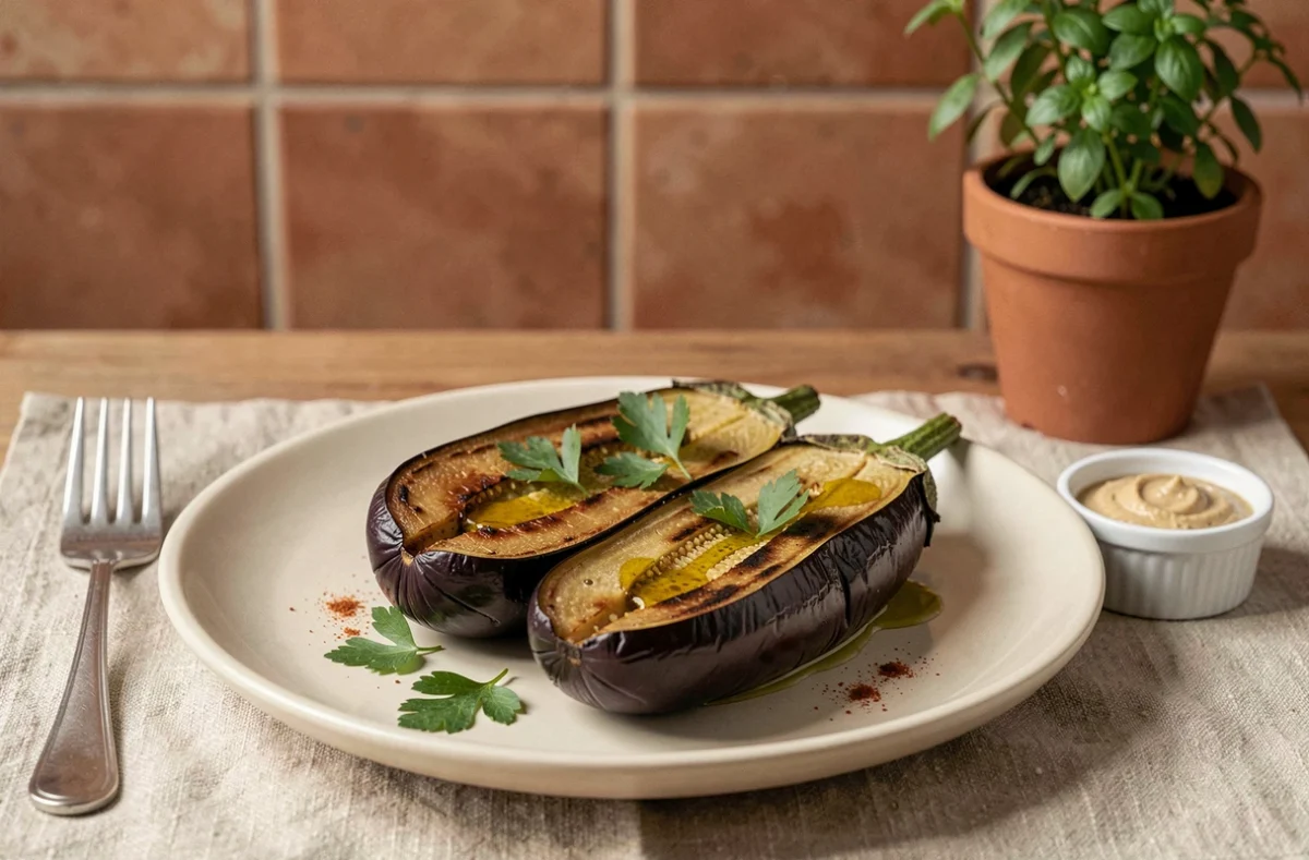 Aubergines rôties au four servies sur une assiette avec huile d'olive et persil frais, texture caramélisée parfaite