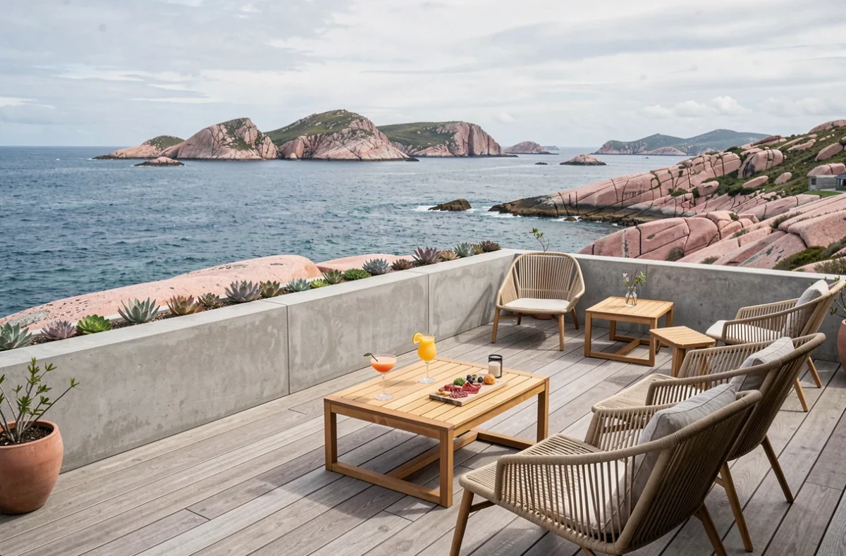 Terrasse panoramique du Bar du Castel Beau à Perros-Guirec, fauteuils en rotin devant la Côte de Granit Rose et l'archipel des Sept-Îles