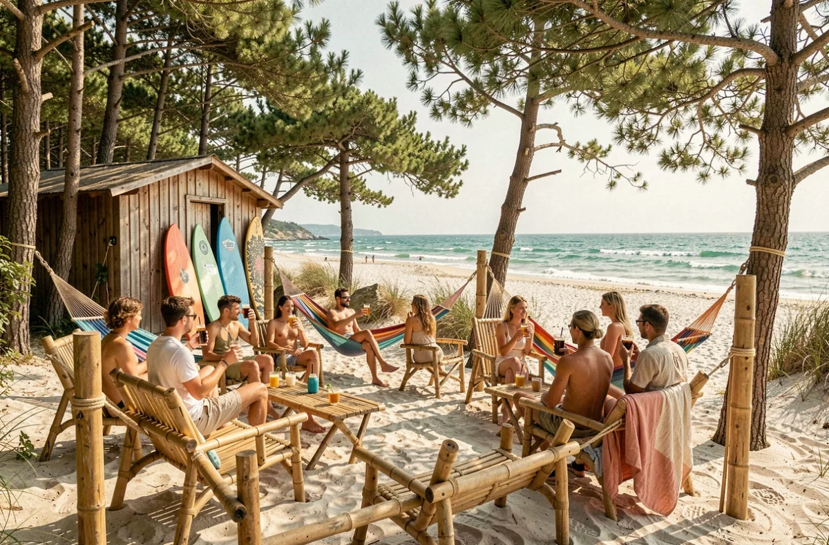 Terrasse du Bar de la Plage à Clohars-Carnoët, mobilier en bambou et hamacs entre les pins face à une plage sauvage de Finistère, jeunes adultes en décontraction