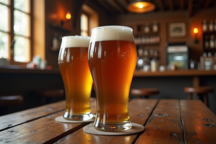 Verre de bière belge ambrée sur table en bois rustique