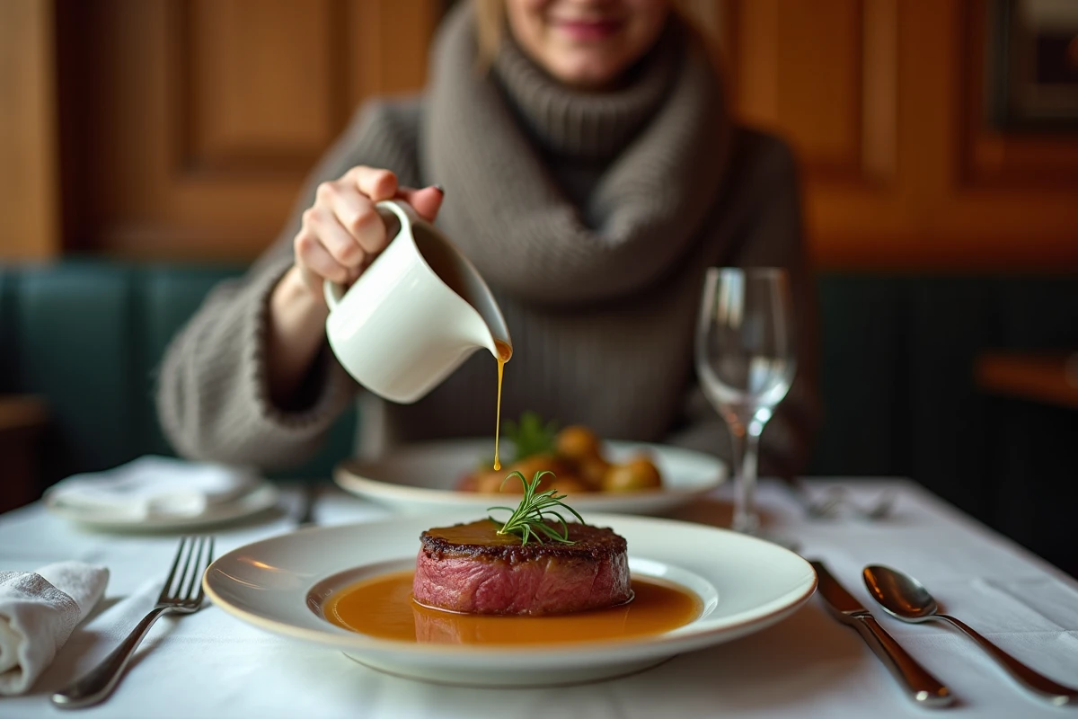 Diner dégustant un steak sauce échalotes dans un bistro