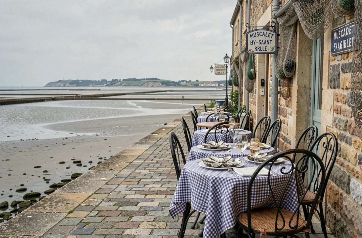 Terrasse du Bistrot de Cancale au bord du quai, plateau d'huîtres et verre de vin blanc avec vue sur les parcs à huîtres de la baie