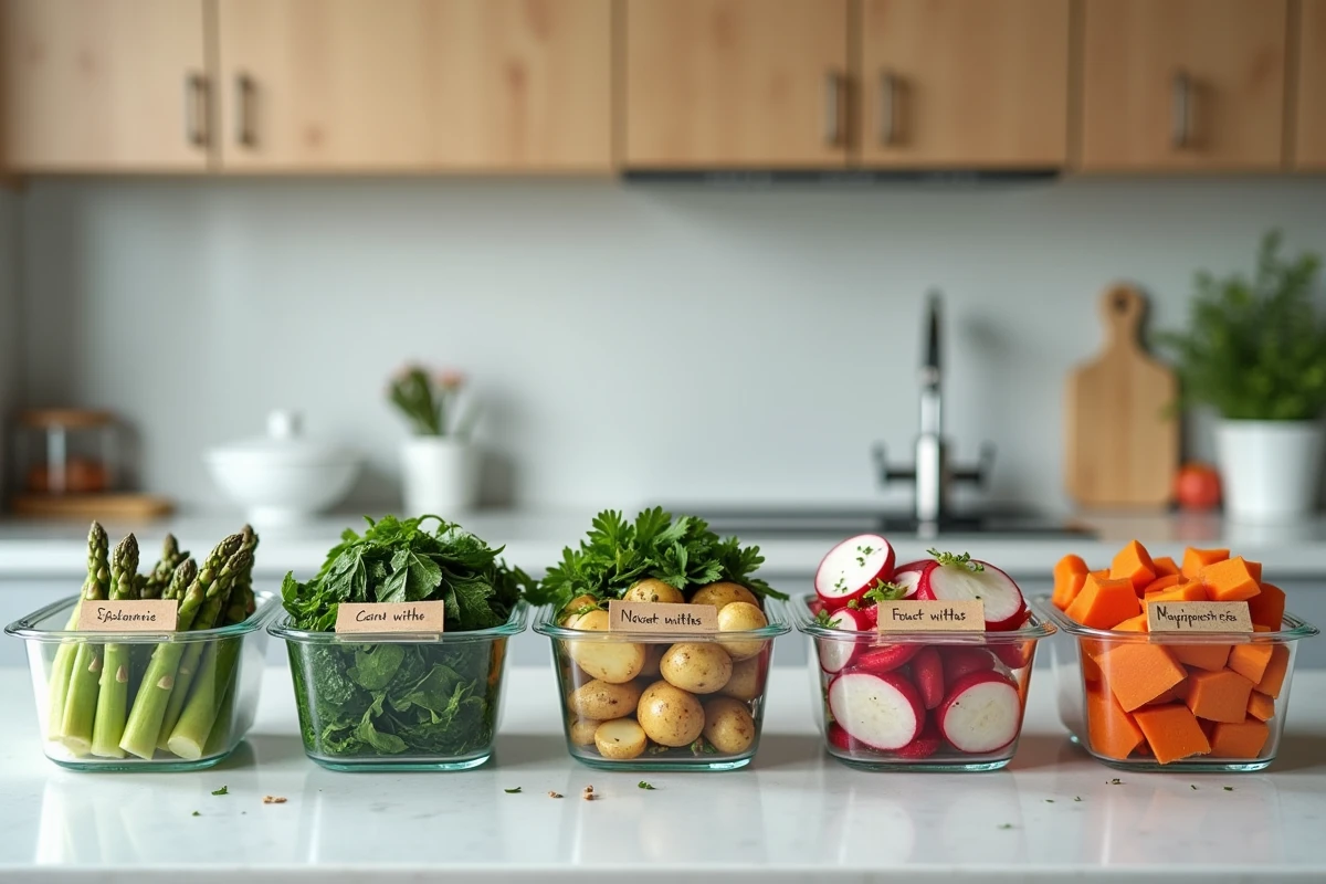 Boîtes de conservation remplies de légumes d'avril préparés en batch cooking sur un comptoir de cuisine moderne