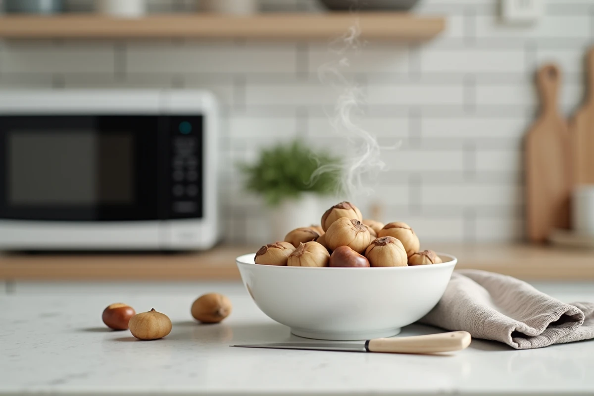 Bol de châtaignes épluchées posé à côté d'un micro-ondes dans une cuisine scandinave moderne