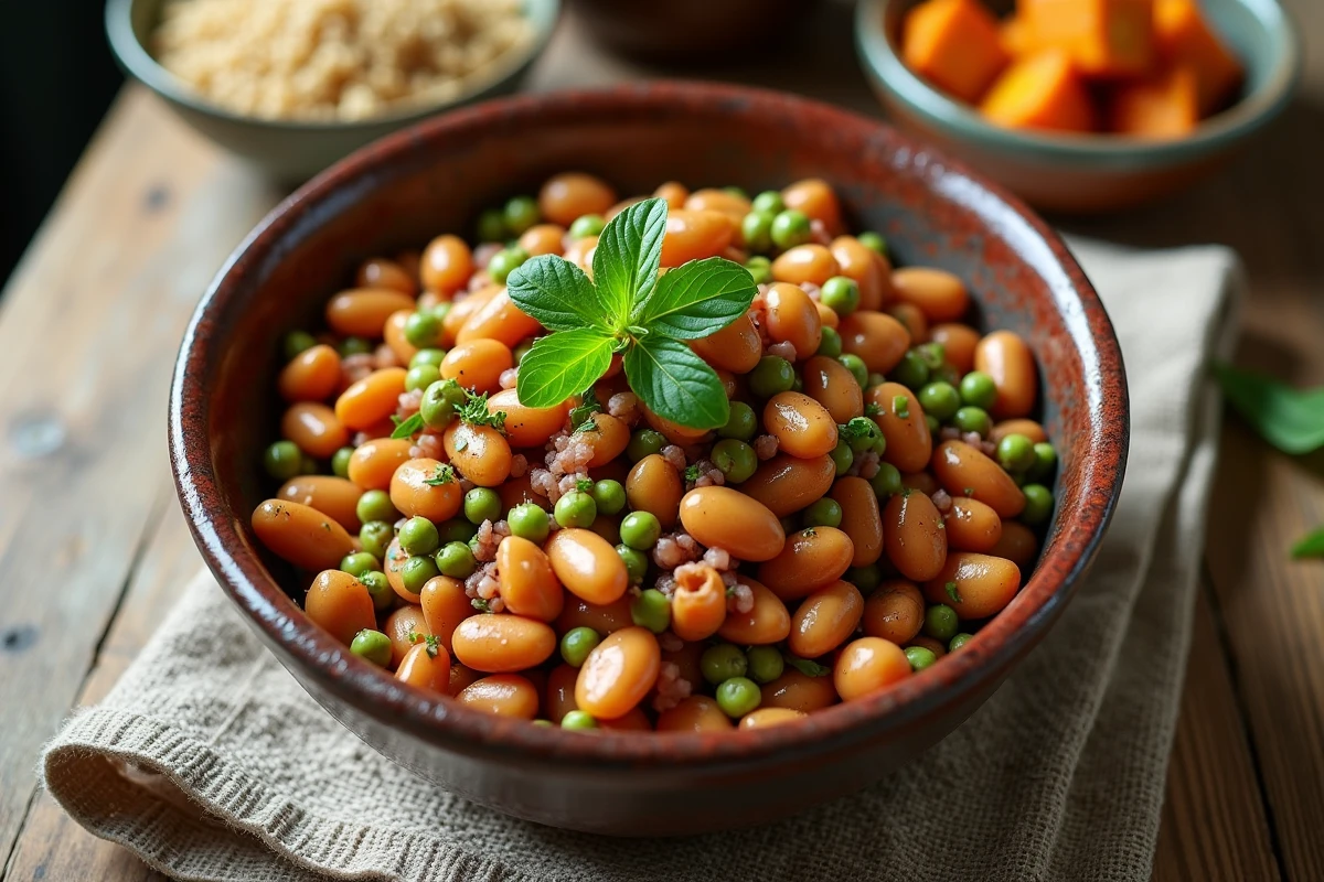 Bol rustique rempli de legumes colorés et herbes fraîches