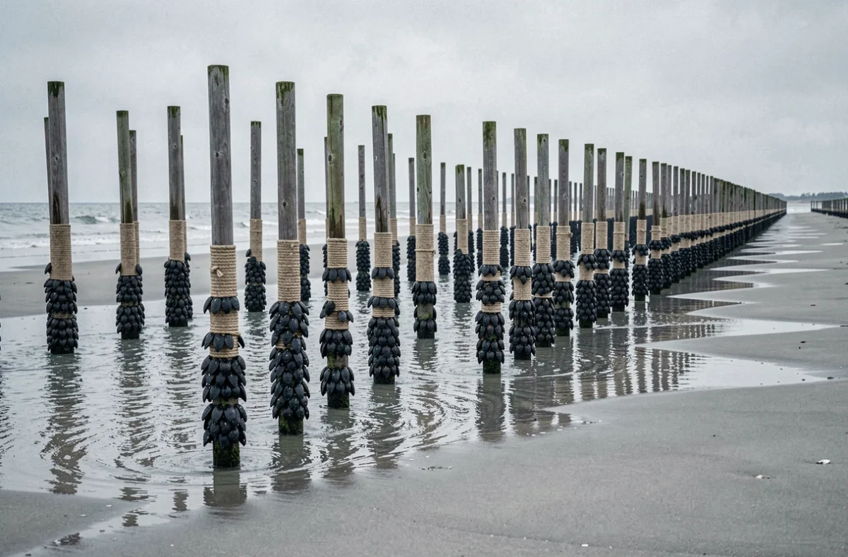 Rangées de pieux de bouchots couverts de moules à marée basse sur une ferme mytilicole normande