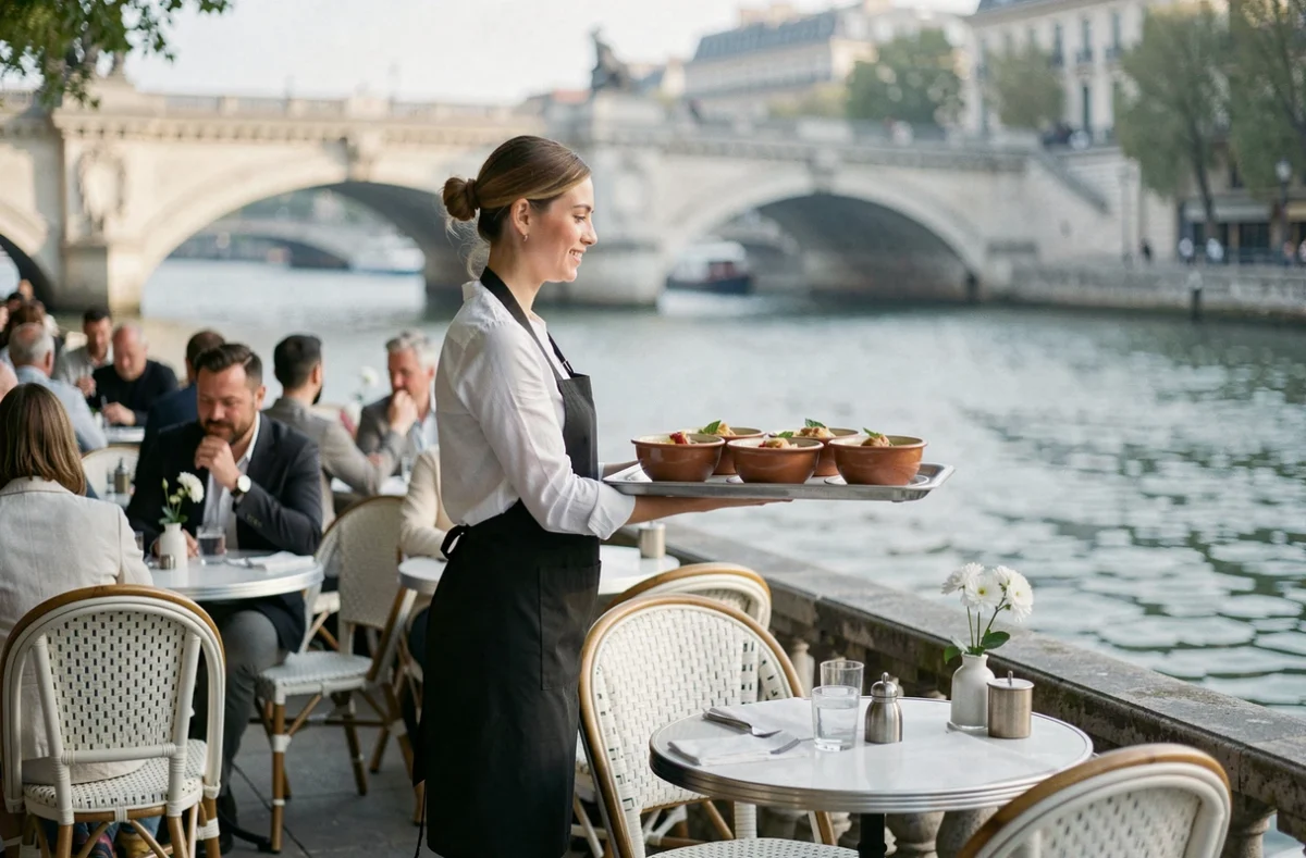 Terrasse au bord de la Seine du restaurant Bouillon sur Seine avec chaises en rotin blanc, serveuse portant des plats et vue sur un pont parisien en arrière-plan