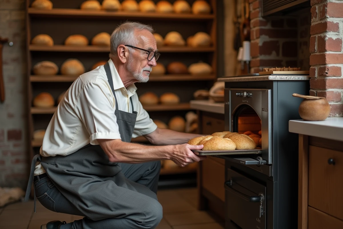 Boulanger sortant un plateau de pain doré dans une boulangerie chaleureuse
