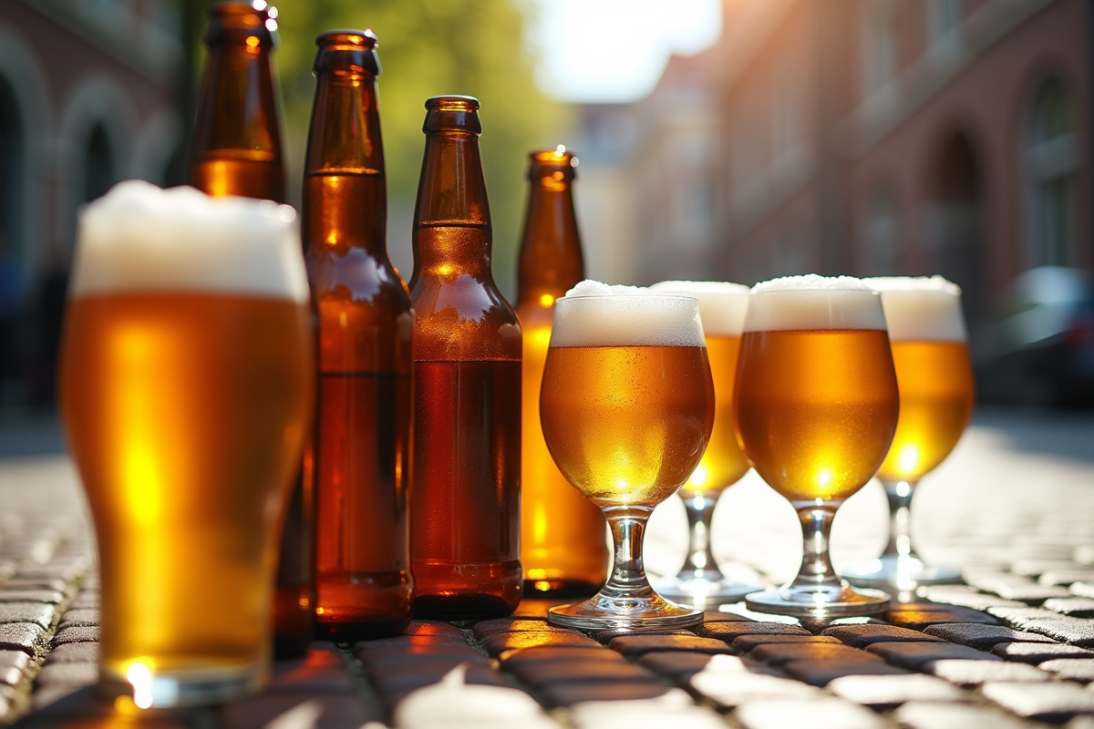 Gamme de bouteilles et verres de bière belge en plein air