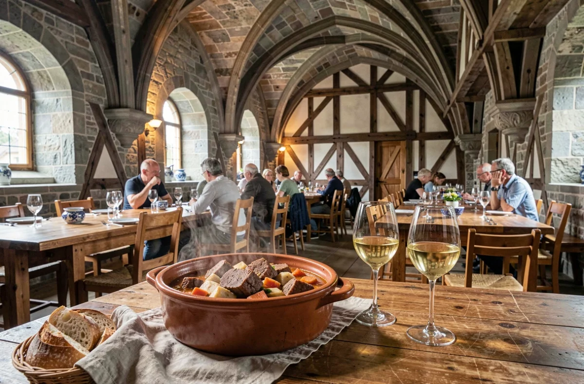 Baeckeoffe en cocotte terracotta et pain alsacien sur table en chêne dans la salle voûtée médiévale de la Brasserie des Tanneurs à Colmar