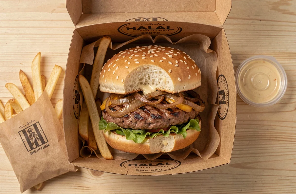 Vue aérienne d'un burger halal avec frites dans un emballage fast-food sur table en bois