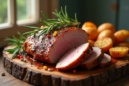 Poitrine de canard tranchée sur planche en bois avec épices et pommes de terre