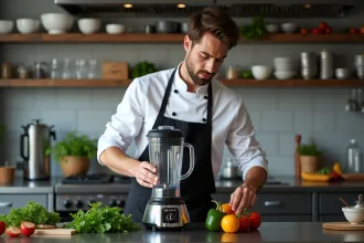 Chef en cuisine professionnelle utilisant un blender