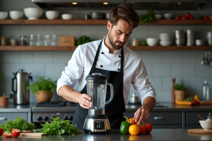 Chef en cuisine professionnelle utilisant un blender