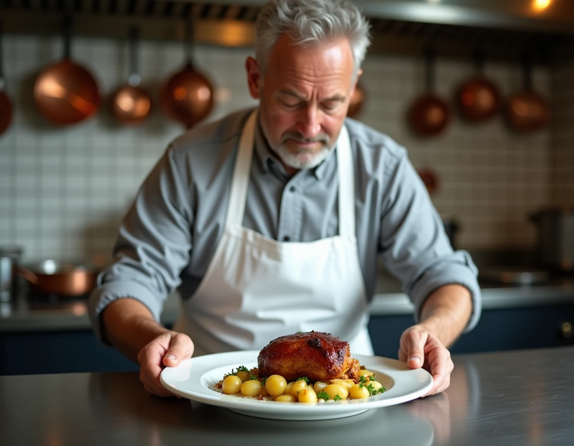 Chef cuisinant un confit de canard avec pommes de terre sarladaises dans une cuisine de restaurant français