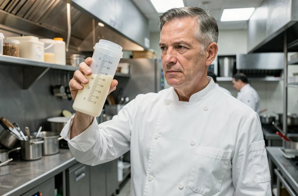 Chef cuisinier professionnel vérifiant le niveau de 40 cl sur un récipient doseur dans une cuisine de restaurant en inox