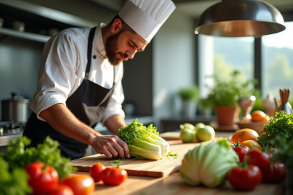 Chef en cuisine moderne coupant du sucrin de Venise frais