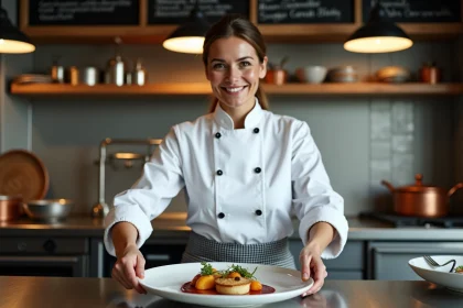 Chef française en cuisine moderne avec plat gourmet