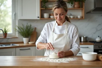 Chef femme en cuisine moderne mesure de la farine