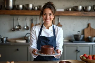 Femme chef souriante tenant un fondant au chocolat chaud