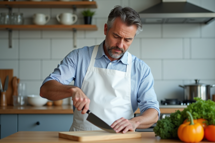 Chef homme compare couteaux japonais et allemands