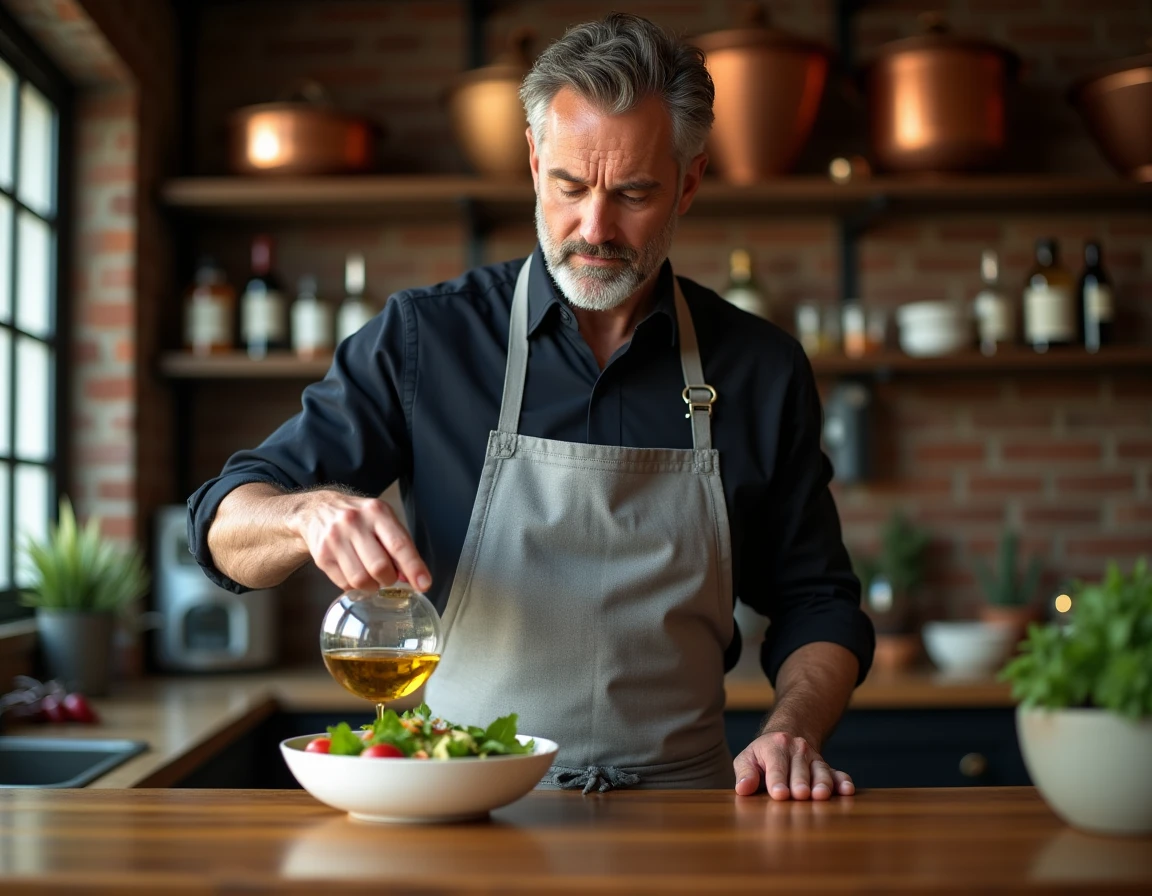 Chef cuisinier mesurant 20cl d'huile d'olive dans un pichet gradué transparent sur une table de préparation en bois dans une cuisine rustique professionnelle