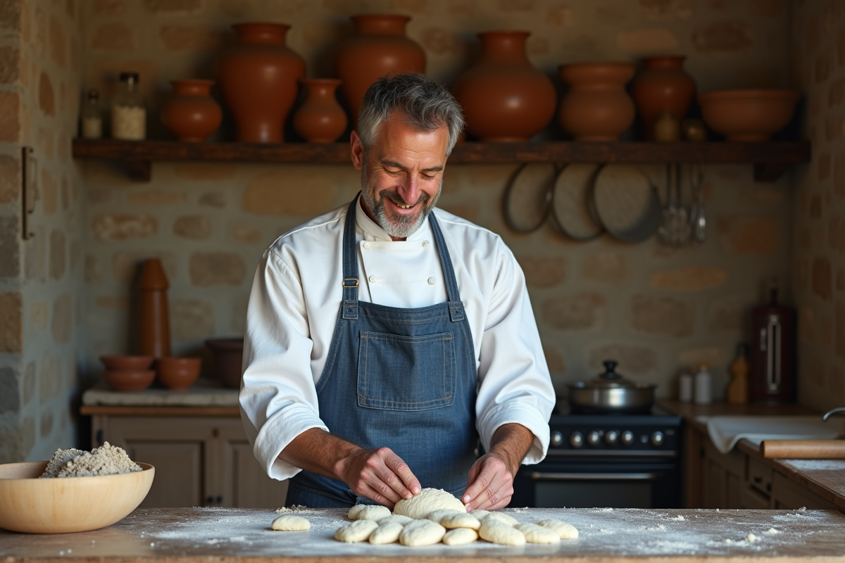 Chef en tunique blanche façonnant la pâte dans une cuisine ancienne